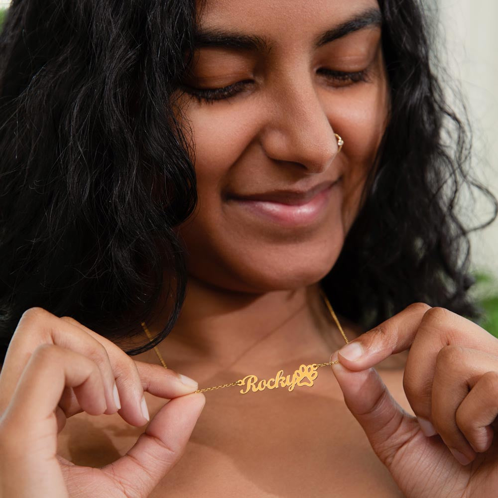 Gift for Mom:  Furry Friend's Name and Paw Print Necklace